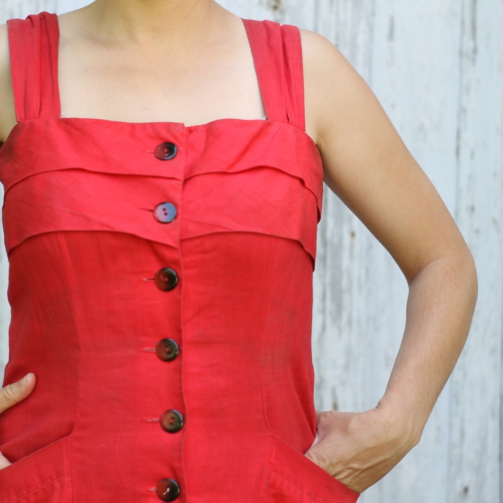 1948's Red Linen Button Up Dress